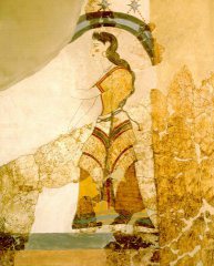 Fresque d’une dame avec des papyrus de l’âge du bronze, fouille de la ville minoenne d’Akrotiri sur l’île grecque de Santorin.
